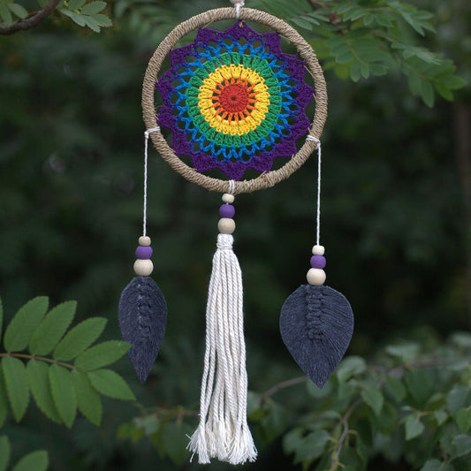 Medium rainbow seagrass dream catcher with cotton tassels and wooden beads, boho wall hanging decor 40x17 cm