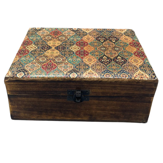 Large ceramic glazed mango wood storage box with traditional pattern, 20x15x7.5cm, handcrafted in North India