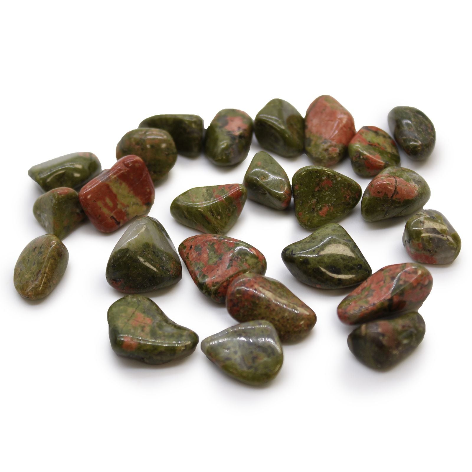 Unakite gemstone tumble stones, 24-pack of small polished green and pink crystals from South Africa