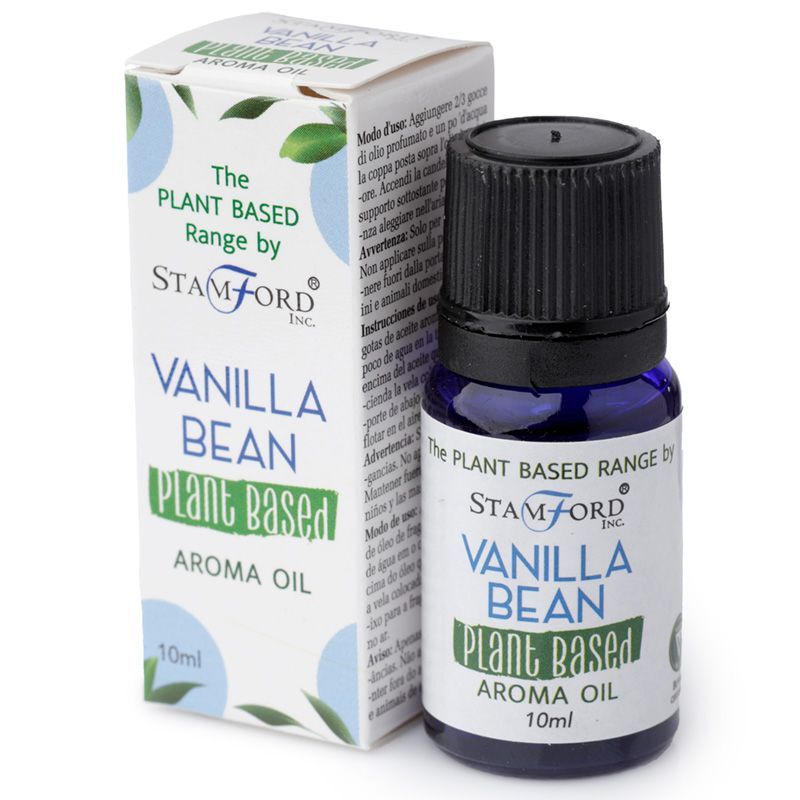 Plant-based vanilla bean aroma oil bottle for diffusers and warmers, delivering a warm, sweet, cozy home fragrance