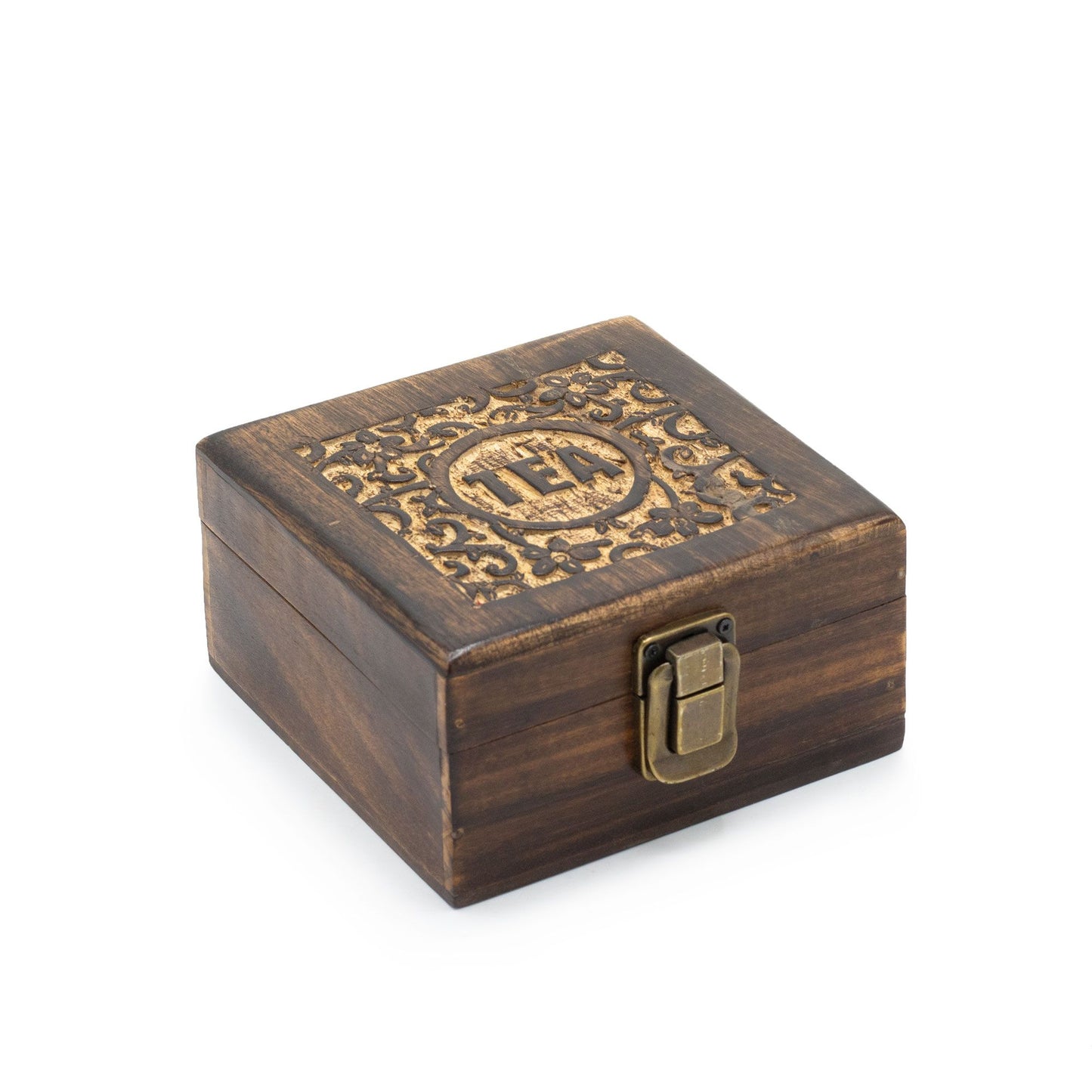 Mango Carved Tea Box (4 Compartments) – 15 × 15 × 8 CM