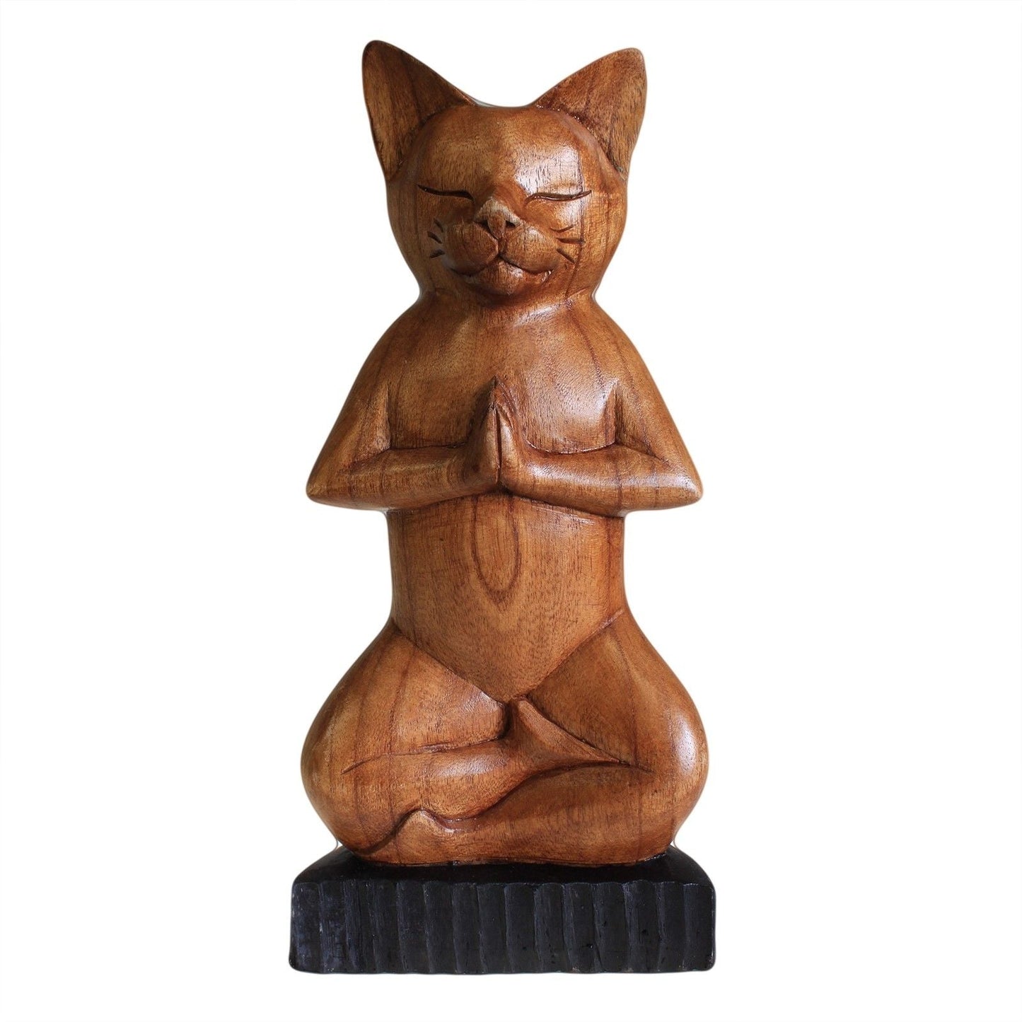 Hand-carved Suar wood yoga cat sculpture in lotus pose, 31x14x6 cm, Indonesian artisan decor