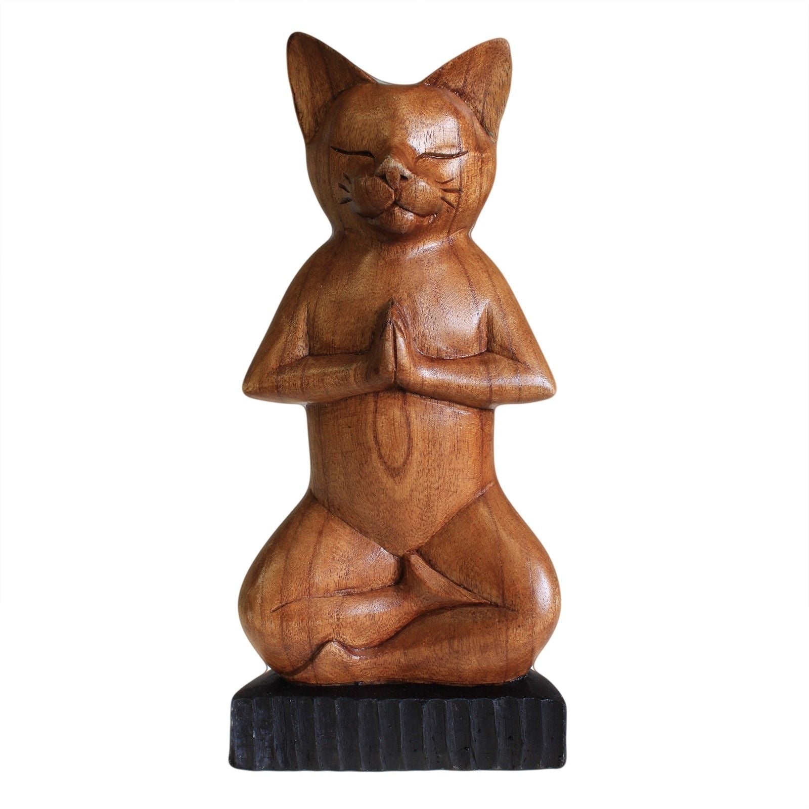 Hand-carved Suar wood yoga cat sculpture in lotus pose, 31x14x6 cm, Indonesian artisan decor