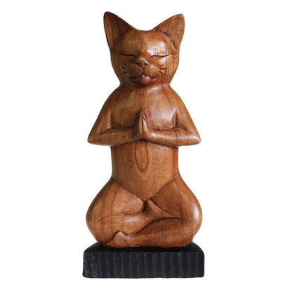 Hand-carved Suar wood yoga cat sculpture in lotus pose, 31x14x6 cm, Indonesian artisan decor