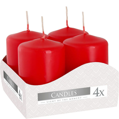 Set of 4 red paraffin wax pillar candles, 40x60 mm, smooth finish, long-lasting burn for home decor ambience