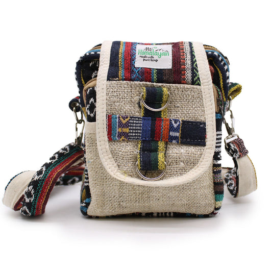Natural hemp and cotton crossbody travel bag with adjustable strap and pockets, handmade in Nepal, 15x18x5 cm