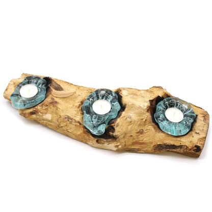 Gamal Wood Molten Glass Triple Candle Holder – 45x15x7 CM