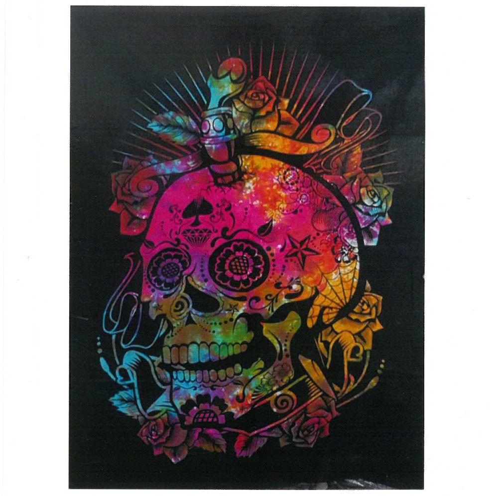 Vibrant Day of the Dead skull cotton wall art tapestry, handmade Indian textile wall hanging, 78x112 cm