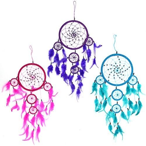 Large Bali dream catcher with 17cm round ring, synthetic suede web, feathers and plastic beads, 55cm long
