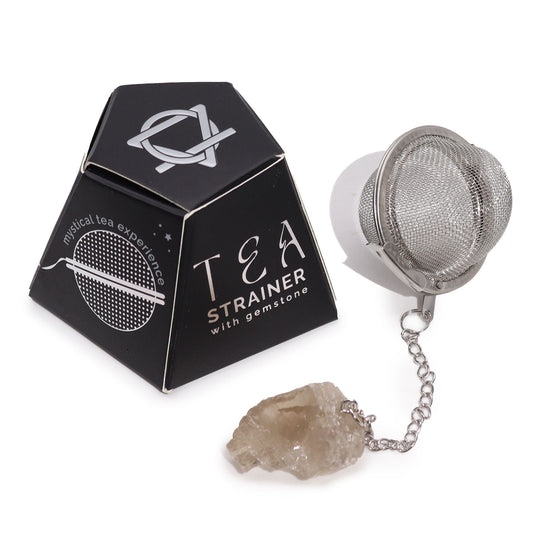 Raw Smoky Quartz crystal gemstone tea strainer and infuser, presented in an elegant gift box