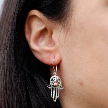 925 silver and 18K gold Hamsa hook earrings, 2.5 cm drop, protective hand symbol dangle jewelry