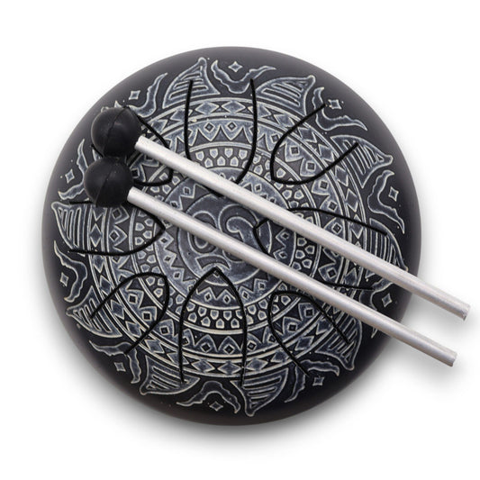 Om Mandala engraved 16cm steel tongue drum, 8-tone, with wooden sticks and carrying bag for meditation and sound therapy