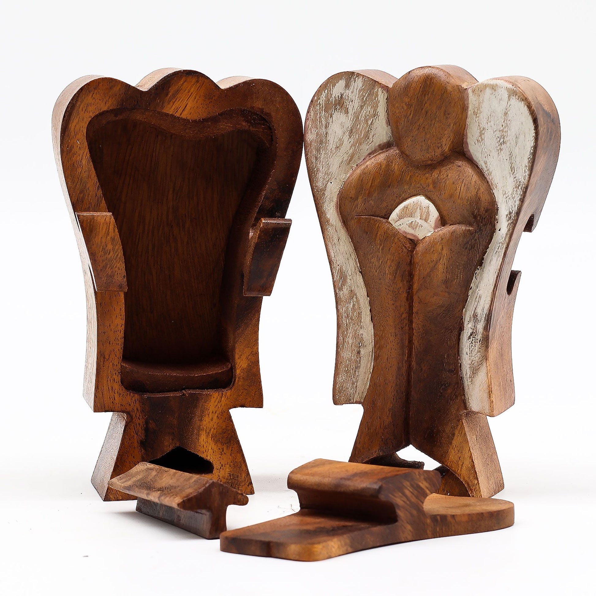 Hand-carved Suar wood angel magic box figurine, 14 cm, peace symbol with hidden compartment, Indonesian sustainable wood