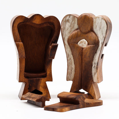 Hand-carved 14cm Suar wood angel magic box figurine with hidden compartment, peace symbol, Indonesian artisan decor