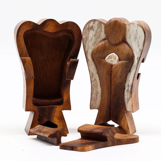 Hand-carved 14cm Suar wood angel magic box figurine with hidden compartment, peace symbol, Indonesian artisan decor