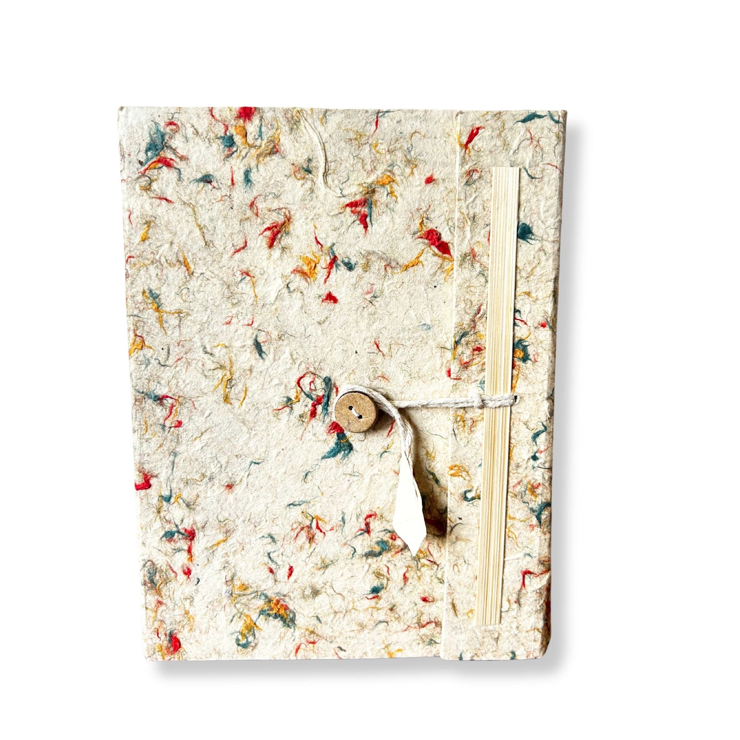 Handcrafted recycled Lokta paper notebook 21x15 cm, 45 blank pages, speckled earth-tone cover with matching bookmark