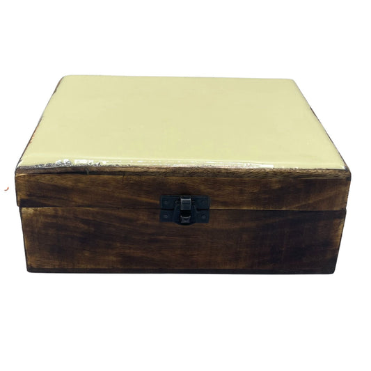 Large concrete glazed mango wood storage box, handcrafted in North India, 20x15x7.5cm