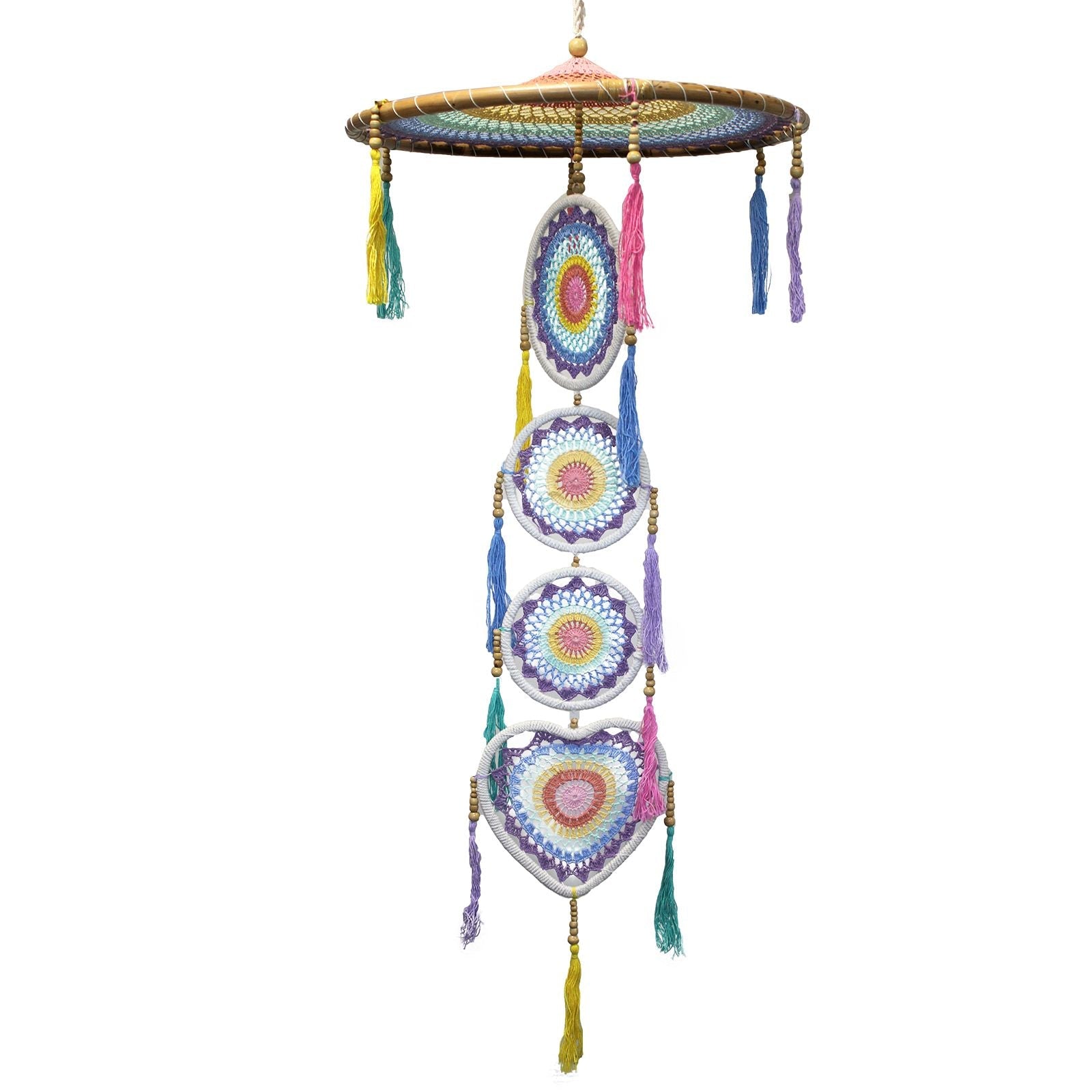 Handcrafted bamboo and cotton rainbow dreamcatcher with pastel hanging tassels, oversized 140 cm wall decor