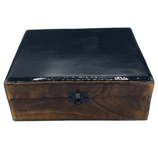 Large black ceramic-glazed mango wood storage box, handcrafted in North India, 20x15x7.5cm