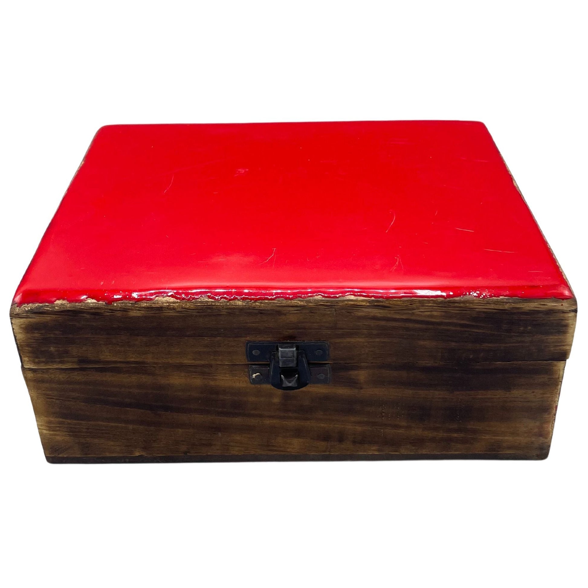Large red ceramic glazed mango wood storage box, handcrafted in North India, 20x15x7.5cm