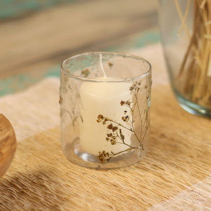 Recycled glass candle holder with dried flowers, Margarita design, 8x8 cm, handcrafted eco-friendly votive holder