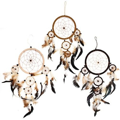 Large 55 cm Bali dream catcher in cream, coffee and chocolate tones, made with synthetic suede, feathers and wooden beads