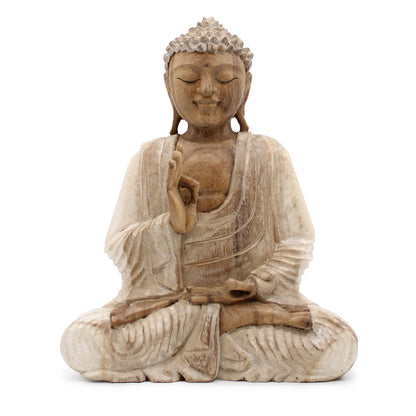 Hand-carved 30cm Suar wood Buddha statue in teaching transmission pose with whitewash finish, Indonesian decor