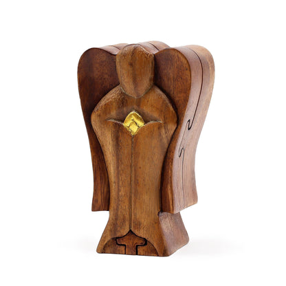 Hand-carved Suar wood Hati-Hati angel magic box figurine, 14 cm, friendship design with hidden keepsake compartment