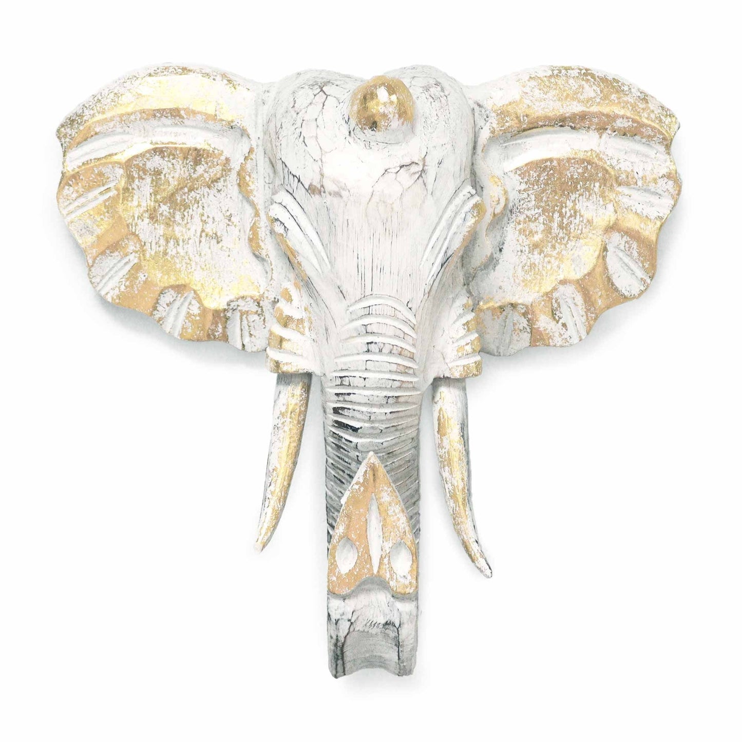 Large elephant head wall decor in gold and whitewash finish, statement piece for living room or entryway.