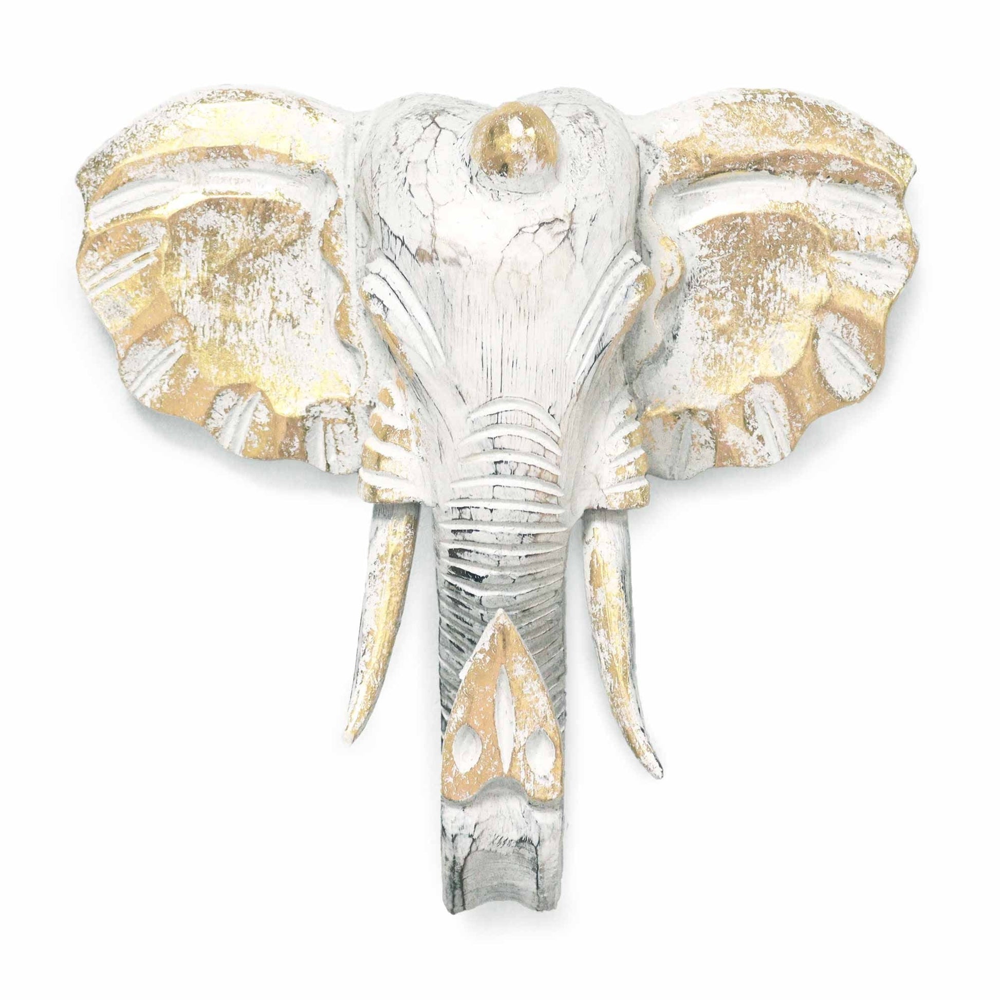 Large elephant head wall decor in gold and whitewash finish, statement piece for living room or entryway.