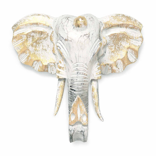 Large elephant head wall decor in gold and whitewash finish, statement piece for living room or entryway.