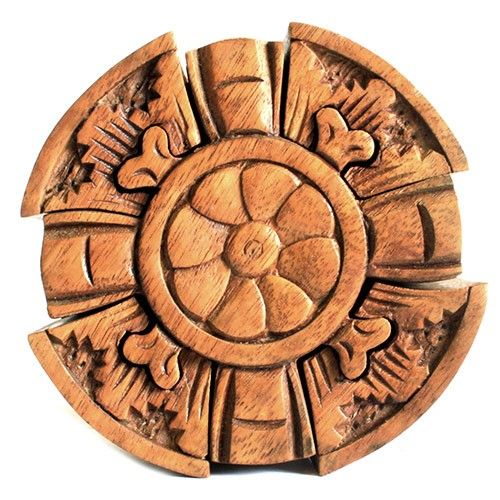 Handcrafted Saman wood Bali magic box puzzle, round petal design with secret compartment, 9.5 x 2.5 cm