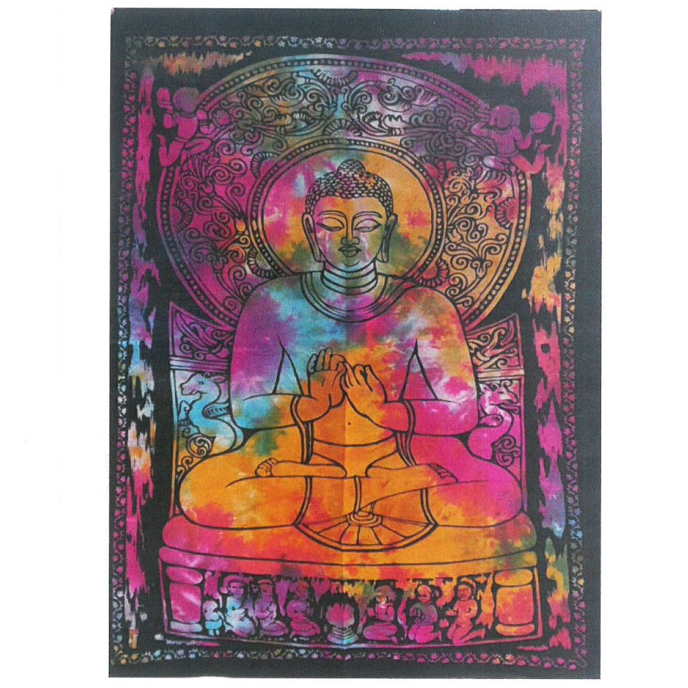 Vibrant cotton wall hanging with peaceful Buddha design, handmade Indian tapestry wall art, 78x112 cm