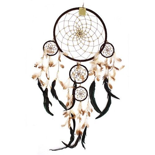 XL round Bali dream catcher, 115cm, synthetic suede in cream and brown tones with wooden beads and feather strands