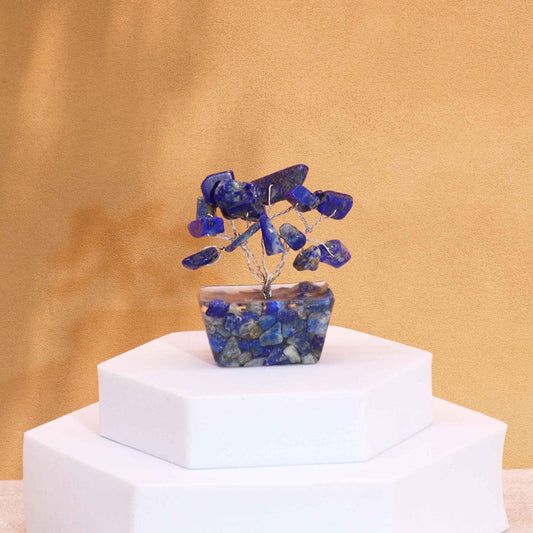 Handcrafted sodalite gemstone tree with 15 blue stones on orgonite base, mini 4 cm crystal decor