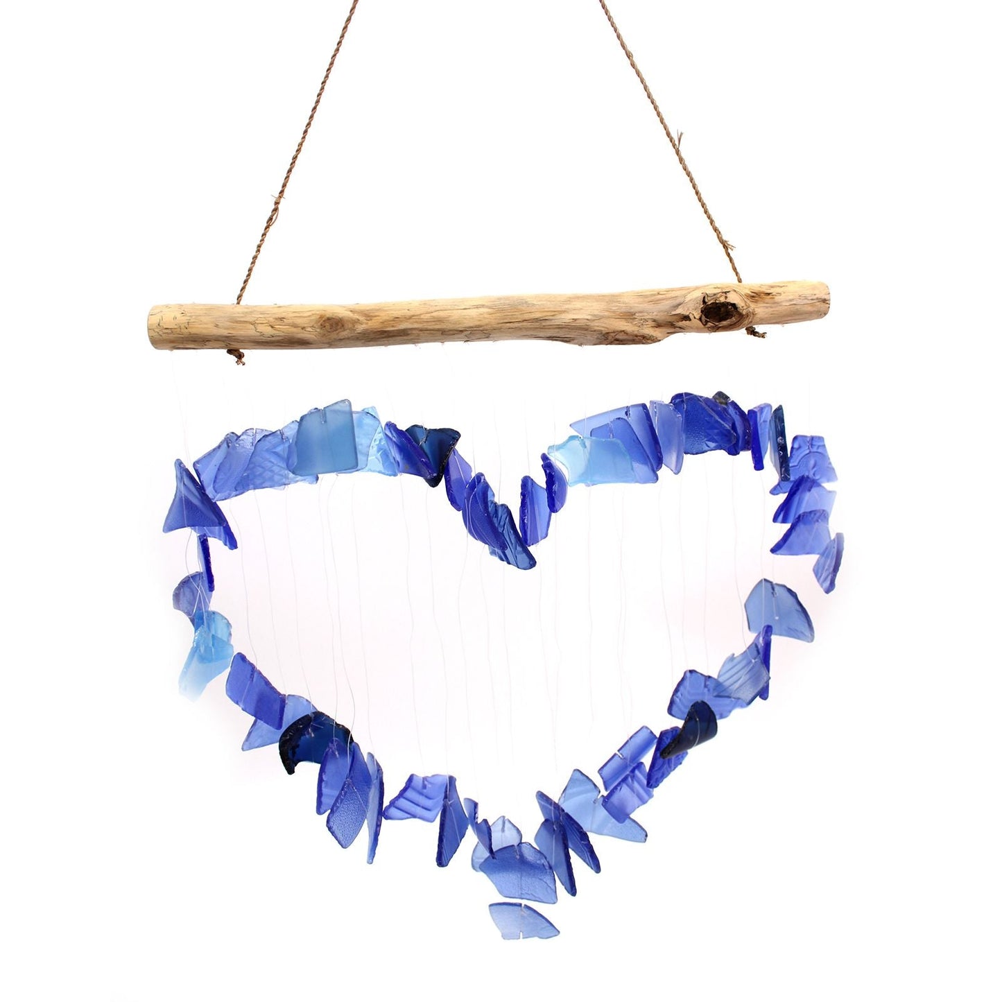 Blue recycled glass wind chime with driftwood, handmade eco-friendly garden or balcony decor, 30x60 cm