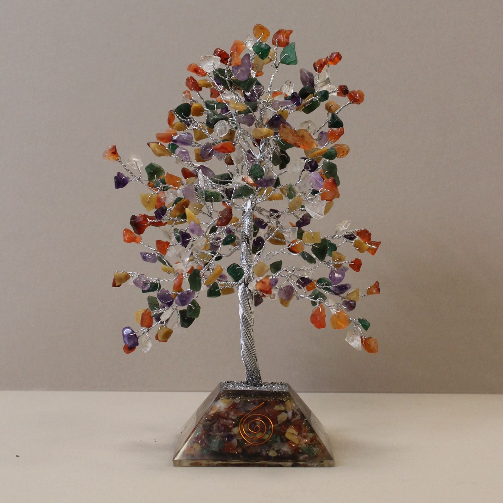 Multi gemstone tree sculpture with 320 colorful chipstones on orgonite resin base, 9x9x19 cm home decor