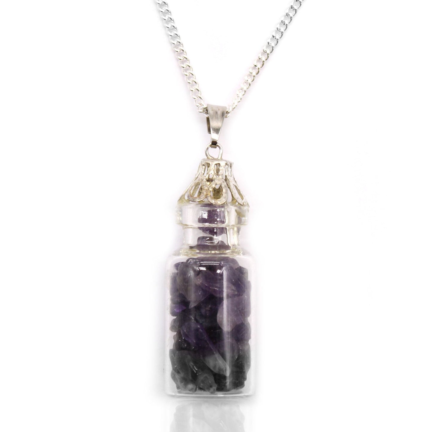 Amethyst bottled gemstones necklace with natural purple stones in small glass vial pendant on metal chain