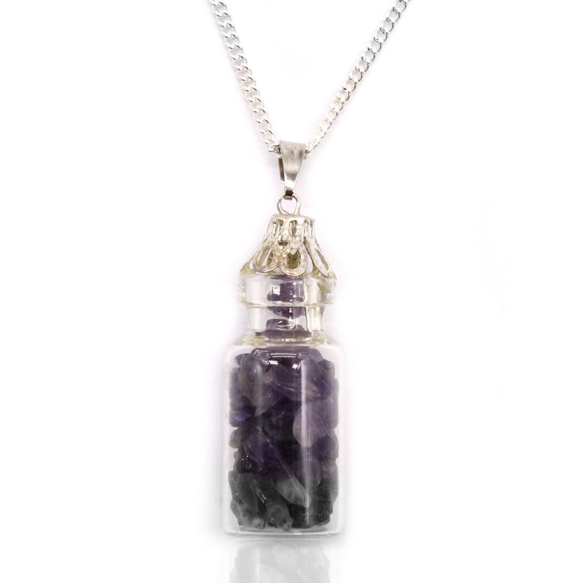 Amethyst bottled gemstones necklace with natural purple stones in small glass vial pendant on metal chain