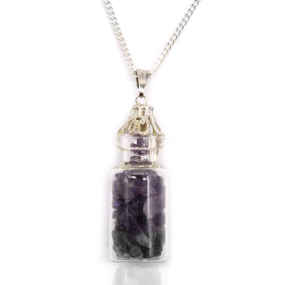Amethyst bottled gemstones necklace with natural purple stones in small glass vial pendant on metal chain