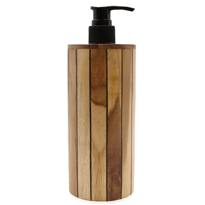 Round natural teakwood soap dispenser with plastic pump, water-resistant refillable design, 20x8x9 cm