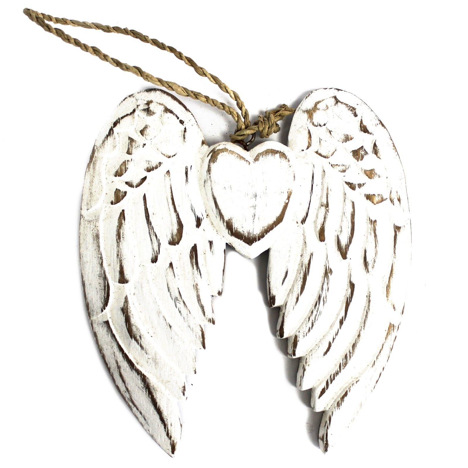 White washed albesia wood angel wings with heart decoration, distressed finish, 15cm hanging wall ornament