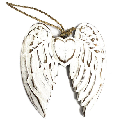 White washed albesia wood angel wings with heart decoration, distressed finish, 15cm hanging wall ornament