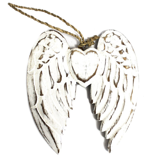 White washed albesia wood angel wings with heart decoration, distressed finish, 15cm hanging wall ornament