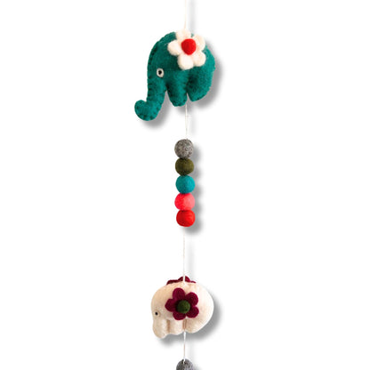 Handcrafted Felt Elephant Wall Hanging – 110 CM teal and white felt elephants with colorful pom-poms, Nepalese handmade decor
