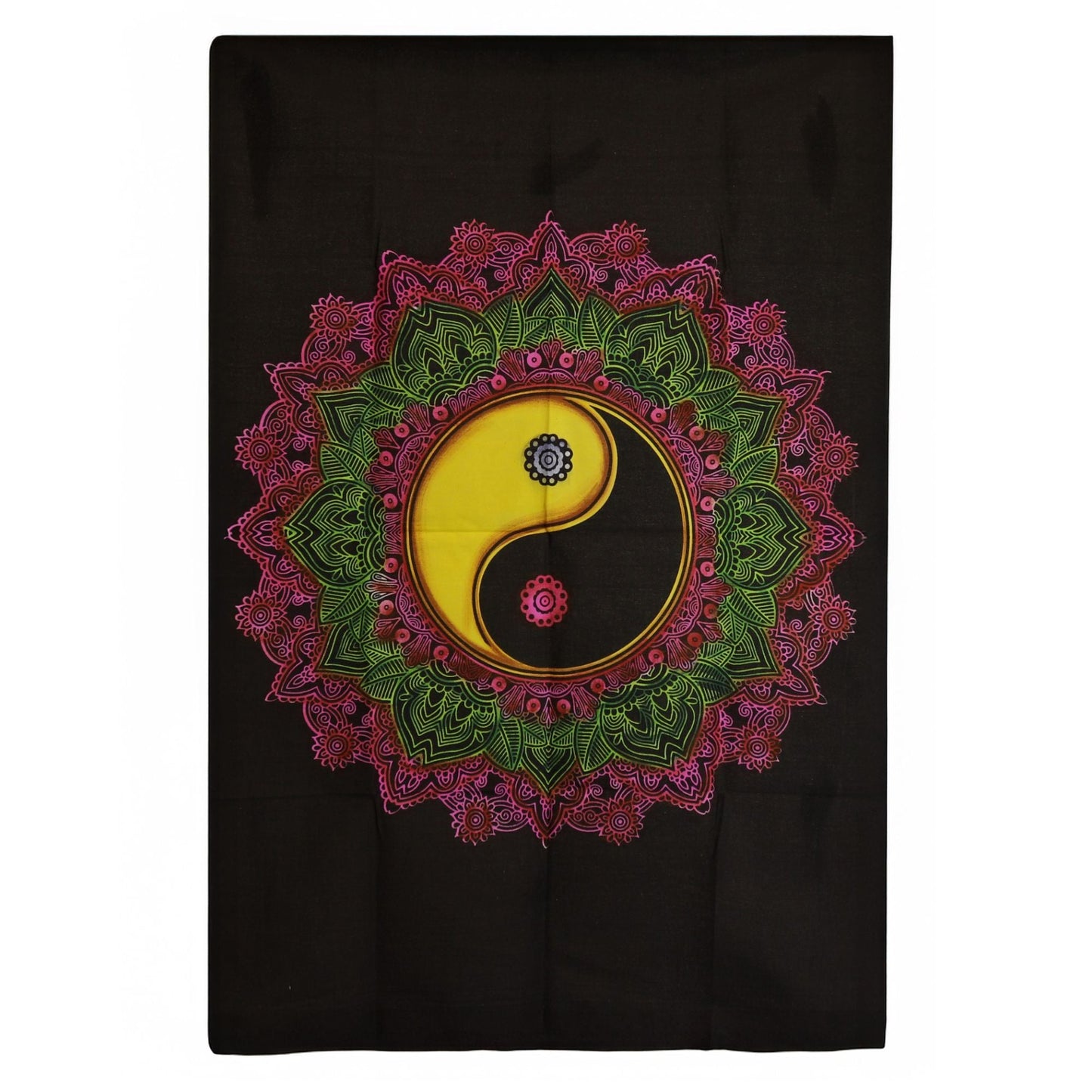 Tapiz de pared de algodón Yin Yang con mandala rosa y verde sobre fondo negro, 70x110 cm