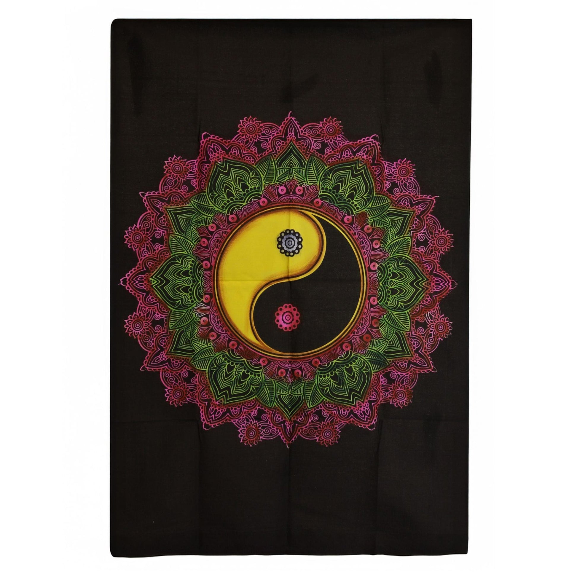 Tapiz de pared de algodón Yin Yang con mandala rosa y verde sobre fondo negro, 70x110 cm
