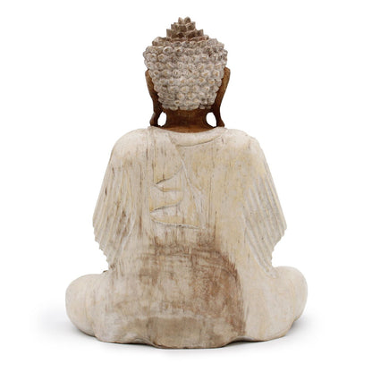 Estatua de Buda de madera de suar – 30 cm, pose de enseñanza (whitewash)