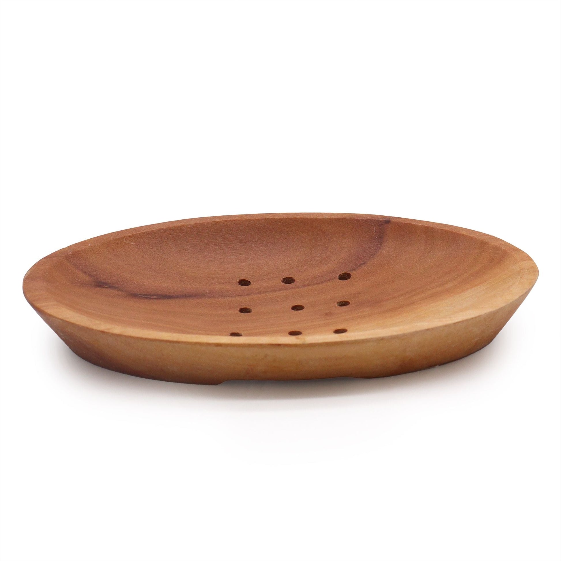 Oval Naseberry wood soap dish 7x3 cm with drainage slots and holes, handcrafted in Indonesia, mahogany finish
