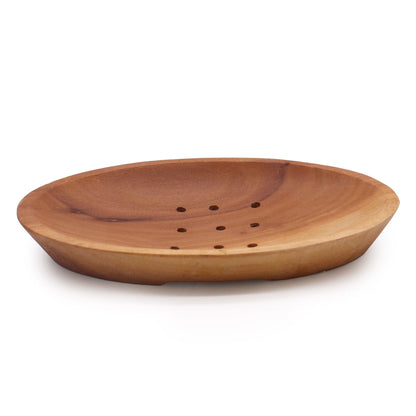 Oval Naseberry wood soap dish 7x3 cm with drainage slots and holes, handcrafted in Indonesia, mahogany finish